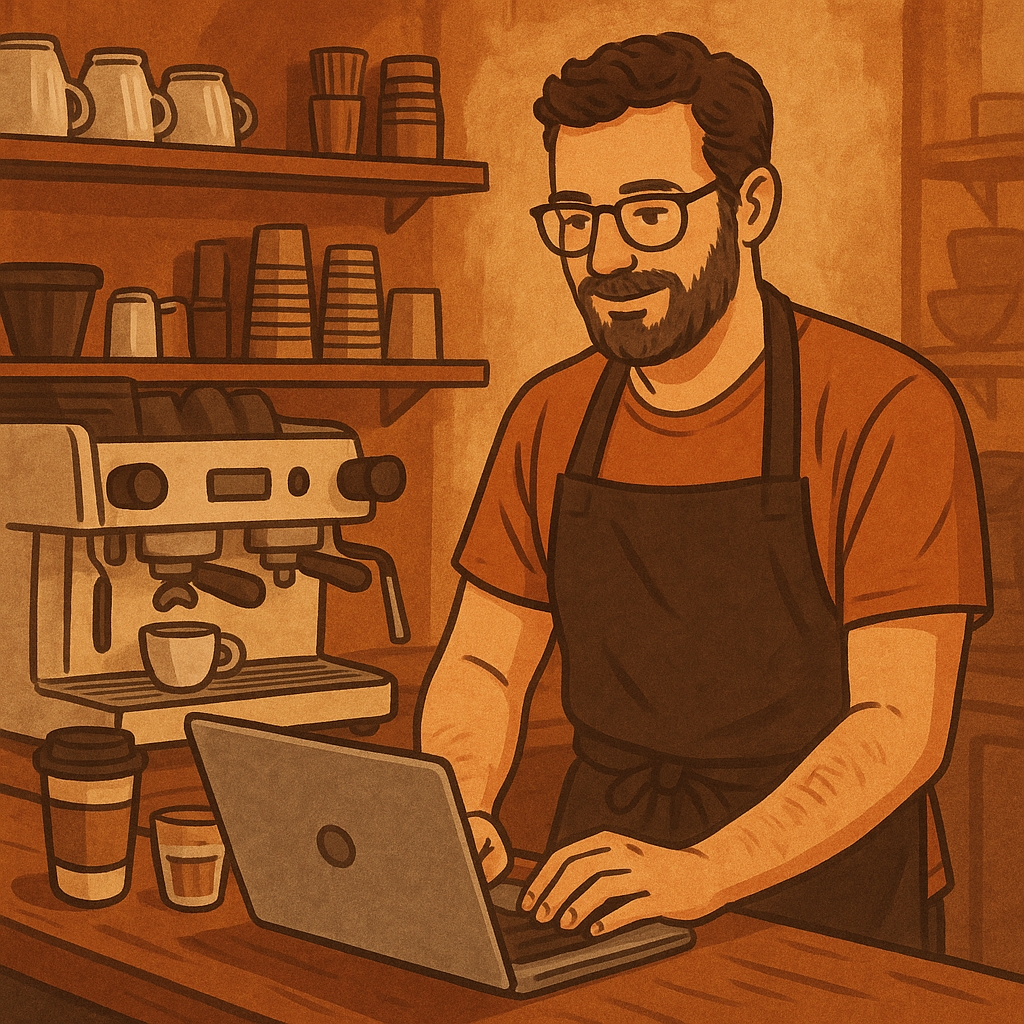 Cafe operator working at laptop behind coffee bar