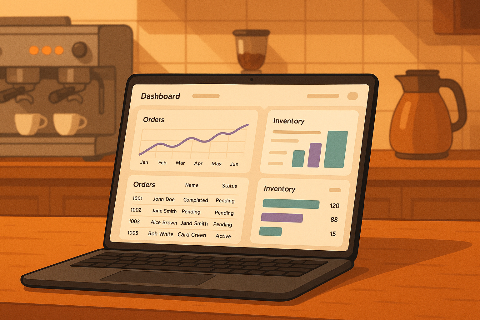 CafePulse SaaS dashboard on laptop in cafe